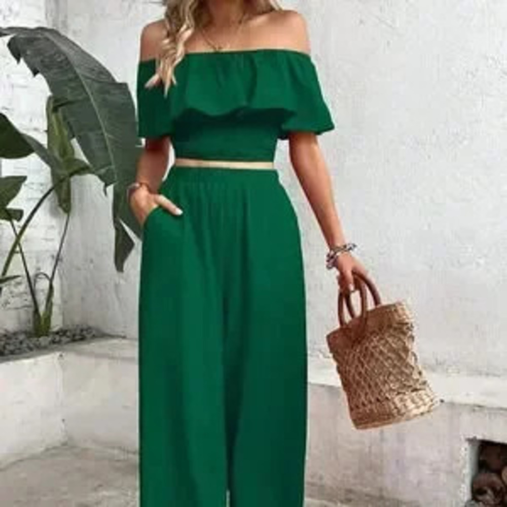 Green Boho Womens Off Shoulder Ruffle Trim Top & Wide Leg Pants